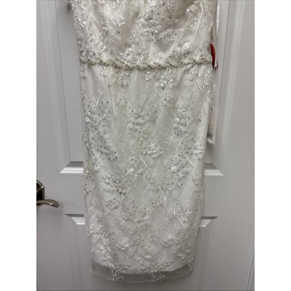MAC DUGGAL Size 12 White Floral Embellished V-Neck Cocktail MIDI Dress Wedding - Picture 6 of 11